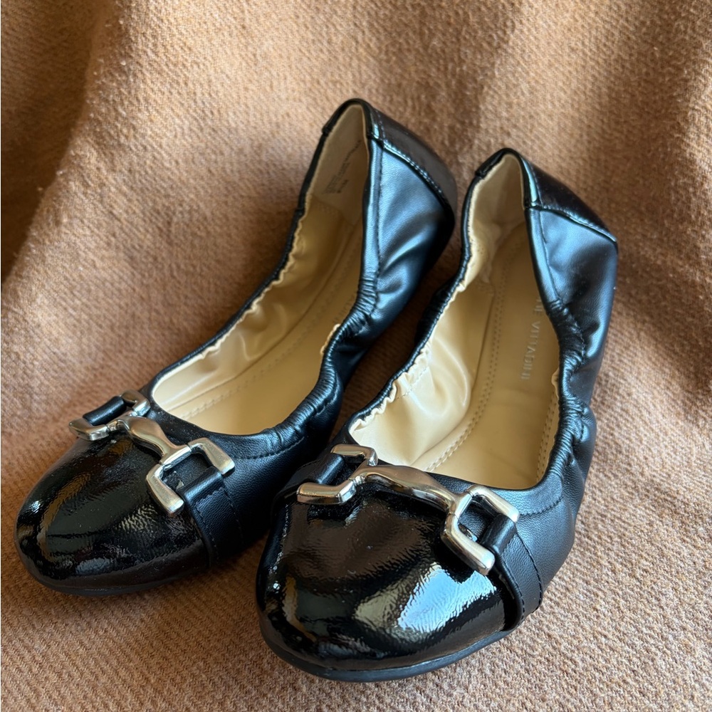 Adrienne Vittadini Black Patent Leather Flats with Silver Accents